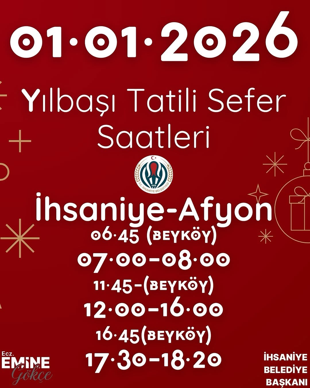 İhsaniye Belediyesinden Yılbaşı Tatili Sefer Saatleri Duyurusu