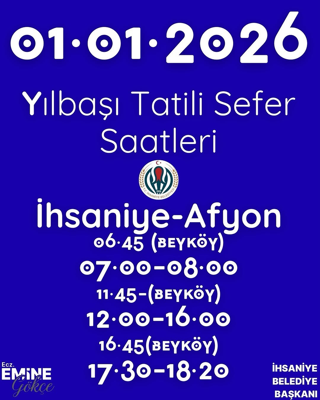 İhsaniye Belediyesi Yılbaşı Tatili Sefer Saatleri