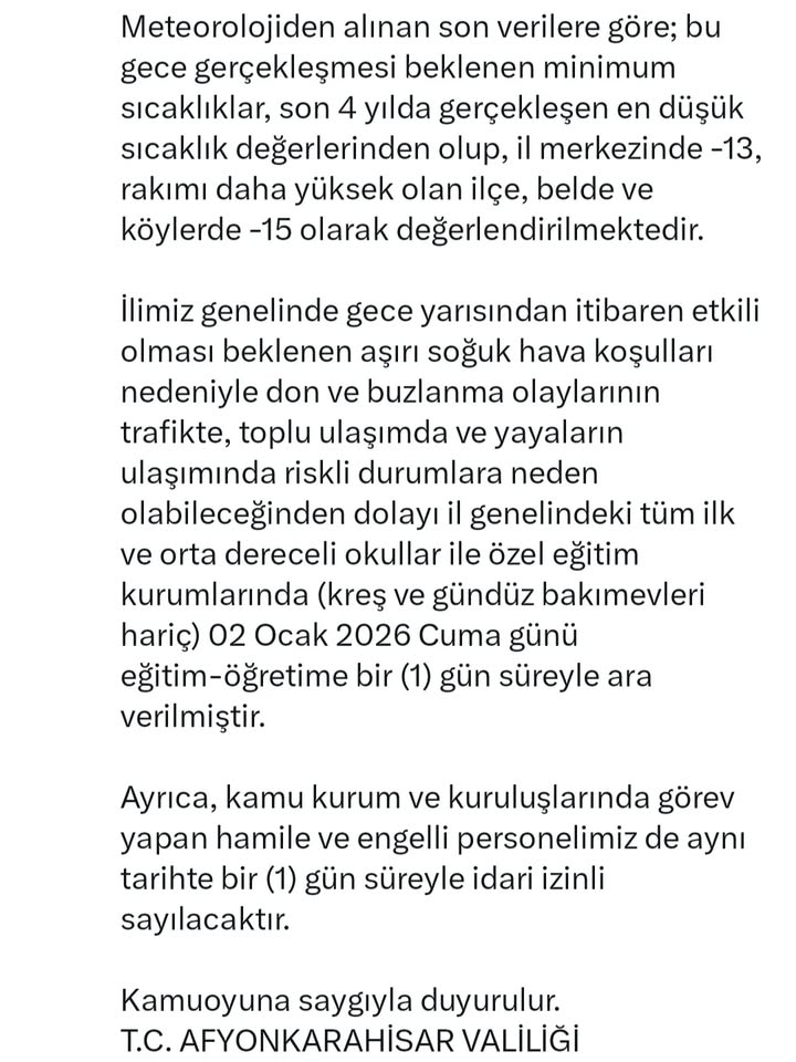 Afyonkarahisar Valiliği'nden Kritik Uyarı ve İdari İzin Duyurusu