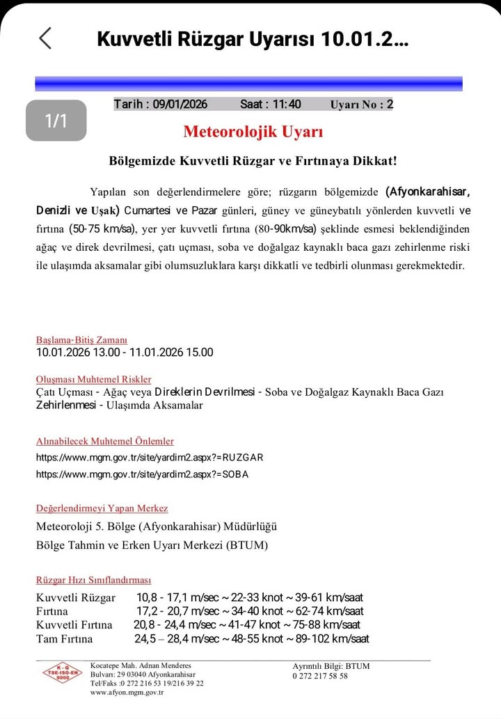 Döğer Belediyesi'nin Meteorolojik Uyarı Paylaşımı