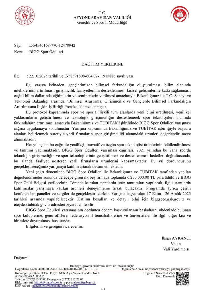 BİGG Spor Ödülleri Afyonkarahisar Gençlik ve Spor İl Müdürlüğü Tarafından Duyuruldu