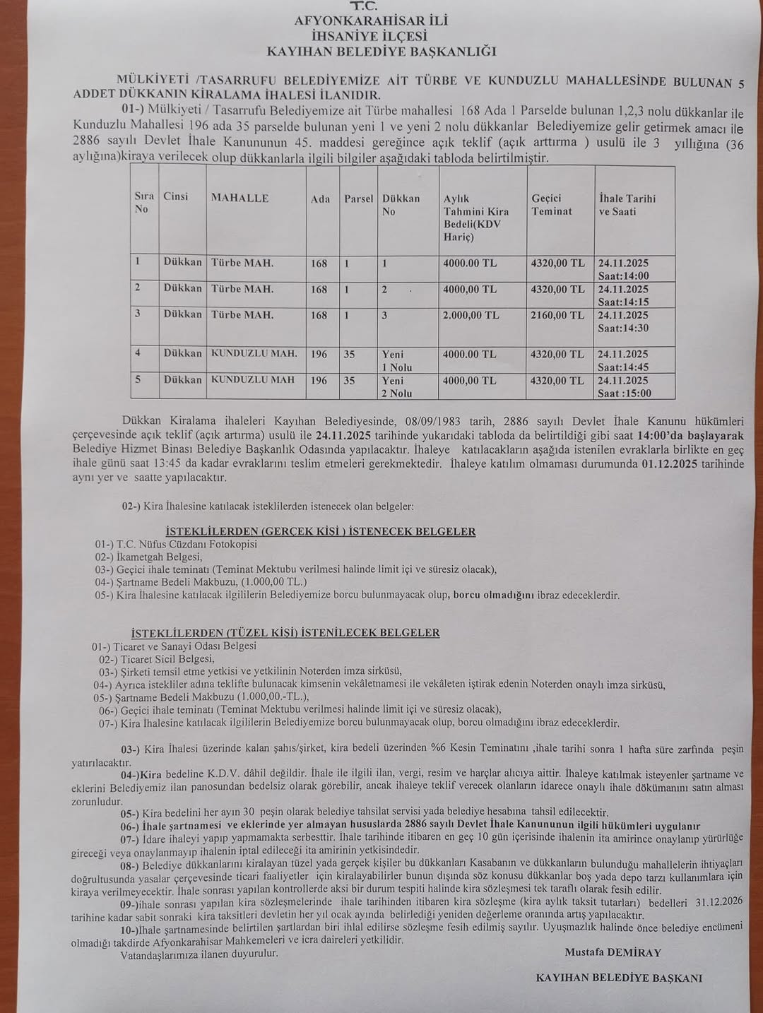 Kayıhan Belediyesi Kiralama İhale Duyurusu