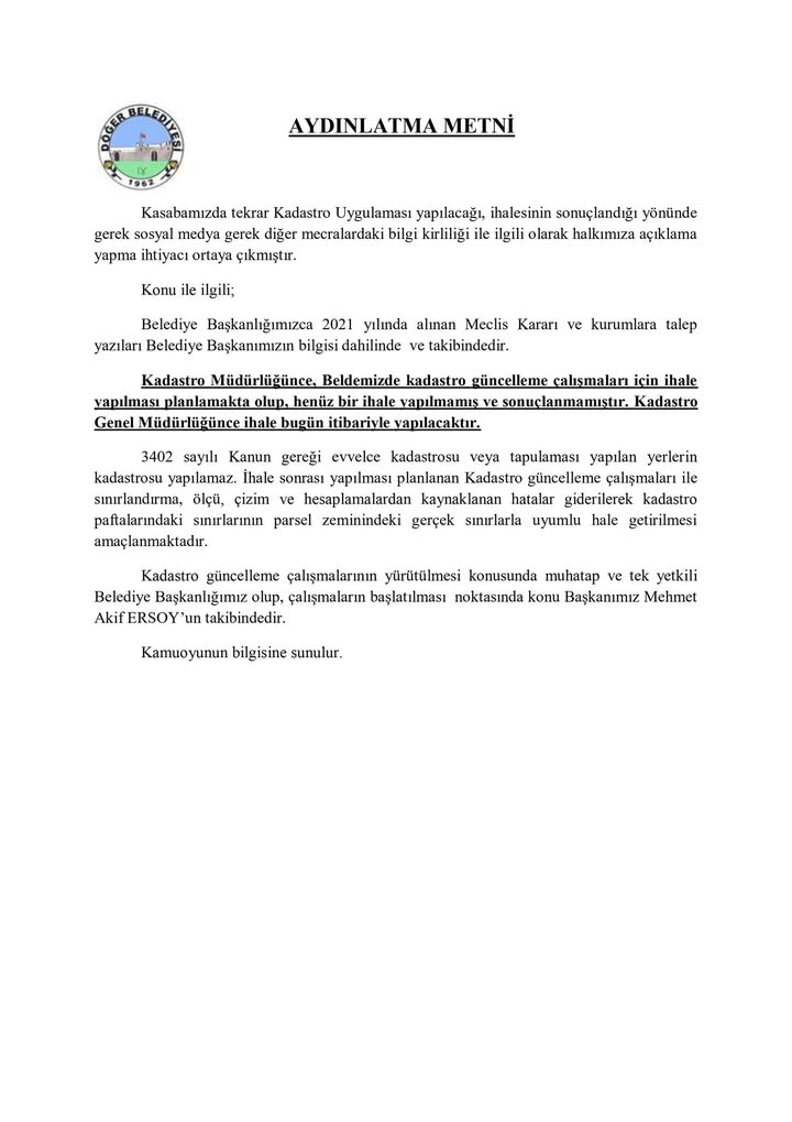 Döğer Belediyesi'nin Kadastro Uygulaması Hakkındaki Aydınlatma Metni