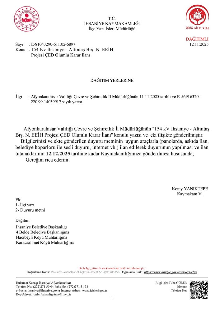 Döğer Belediyesi'nin 154 Kv İhsaniye - Altıntaş Brş. N. EEİH Projesi ÇED Olumlu Karar İlanı Paylaşımı